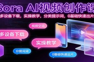 Sora AI视频创作课：多设备下载，实操教学，分类提示词，0基础快速出片